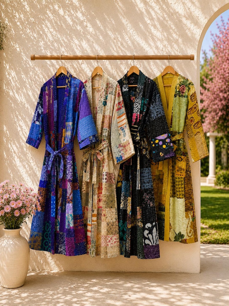 May include: Four long-sleeved robes hanging on a wooden rod. The first is blue and purple patchwork, the second is cream and beige floral patchwork, the third is black and dark blue patterned patchwork, and the fourth is yellow and green floral.