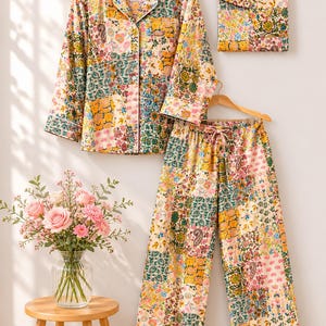 Patchwork-pyjamas med handtryck, bohemiska loungekläder, present till damsovkläder