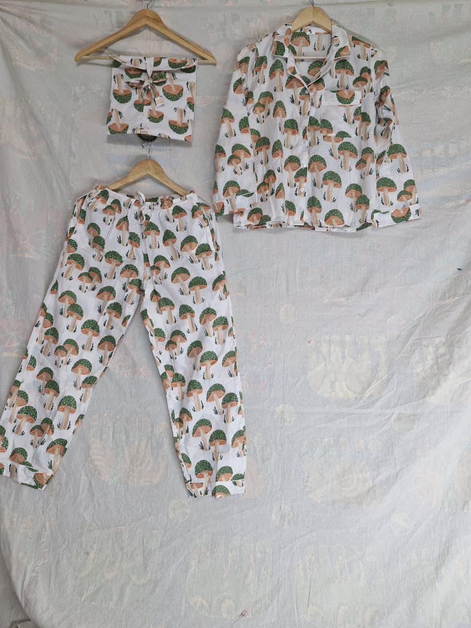 Mushroom Print Cotton Pajama Set, Women's Boho Sleepwear