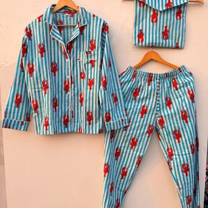 Katoenen pyjama met kreeftenprint | Gestreepte button-down nachtkleding dames
