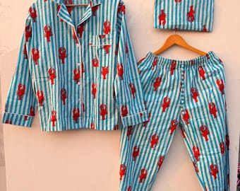 Lobster Print Cotton Pajamas | Women Striped Button Down Sleepwear