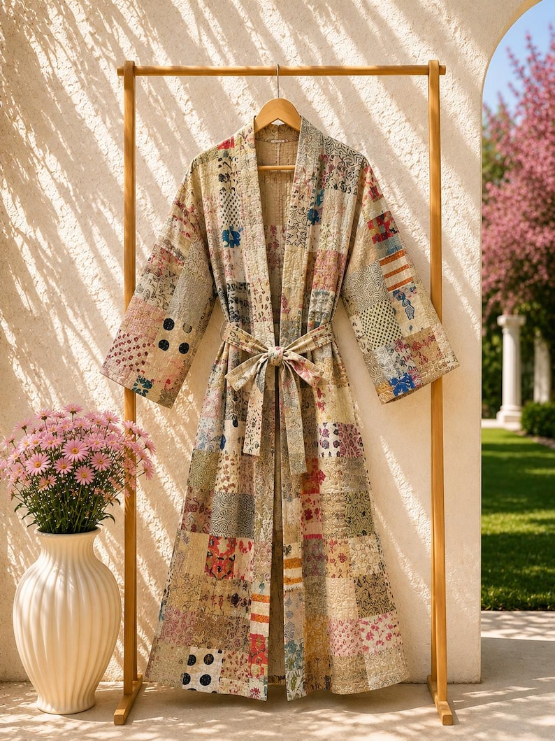 May include: A long-sleeved robe featuring a patchwork design composed of various fabric squares in muted tones of beige, tan, and cream, accented with small floral, polka dot, and geometric patterns. The robe includes a matching fabric tie belt.