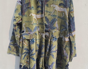 Handcrafted Green Velvet Jungle Print Short Coat