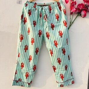Lobster Print Cotton Pajama Set Mint Stripe Women Summer Sleepwear Lounge Set image 3