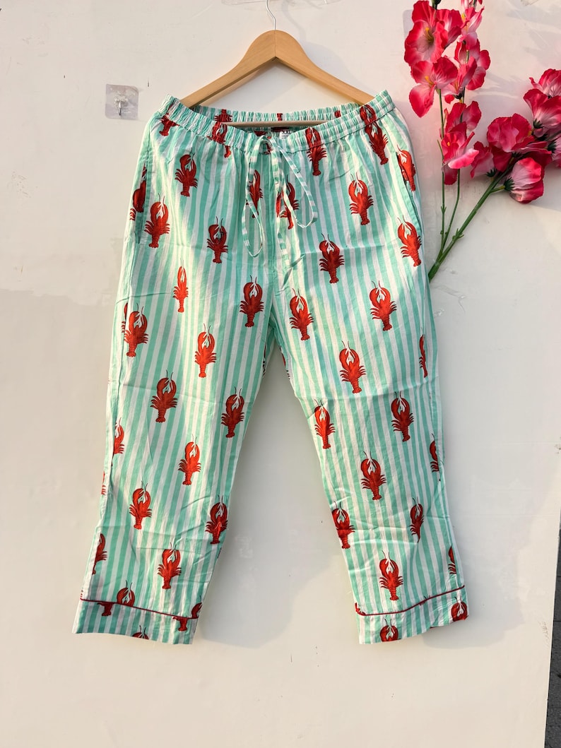 Lobster Print Cotton Pajama Set Mint Stripe Women Summer Sleepwear Lounge Set image 3