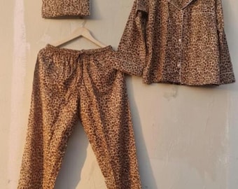 Leopard Print Cotton Pajama Set for Women, Button Down PJ Set, Soft Nightwear Loungewear, Animal Print Sleepwear Gift
