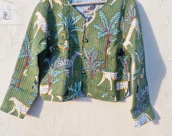 Jungle Print Quilted Cotton Kimono Jacket, Open Front