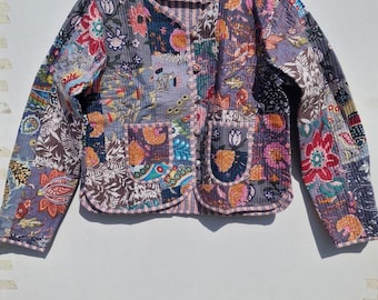 Floral Kantha Quilted Jacket, Bohemian Patchwork Cotton Coat