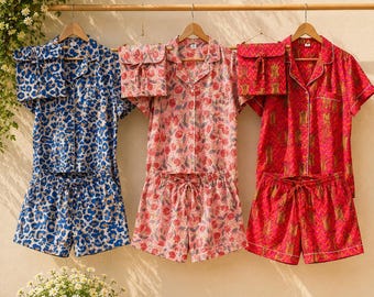 Hand Block Print Cotton Pajama Set: Indian Floral Nightwear