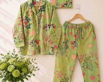 Floral Print Pajama Sets, Indian Cotton Pyjamas Set, Nightwear Pajama Set, Sleepwear Dress, Bohemian Clothing, Gifts For Her, Women Dress
