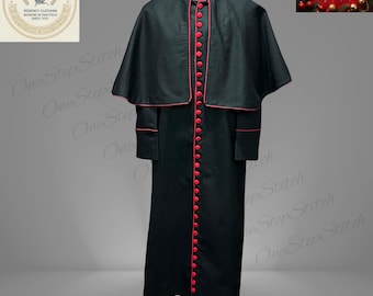 Sotana negra de obispo para hombre / Ribete rojo, fajín / Vestimenta católica personalizada