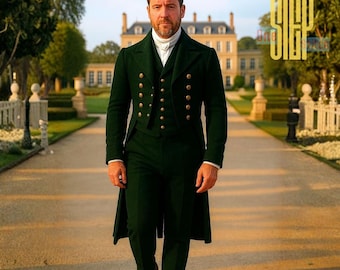 Frac de estilo Regencia de Jane Austen / Frac de lana verde hecho a mano del siglo XIX / Ropa formal Bridgeton