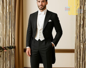 Frac Regency de lana negra hecho a mano - Traje de boda victoriano - Frac Gregory - Chaqueta del siglo XIX