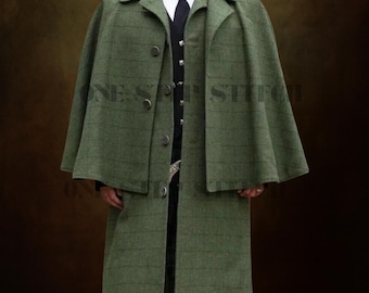 Capa verde Inverness / Capa de tweed escocés / Abrigo victoriano vintage para caminar / Chaqueta de cochero