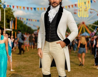Frac blanco clásico de la Regencia para hombre / Abrigo victoriano del siglo XIX / Traje de baile de Jane Austen