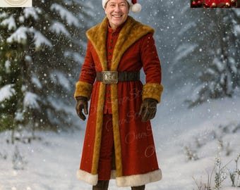 Traje de Papá Noel de lana hecho a mano, ribete de piel y cinturones de cuero.