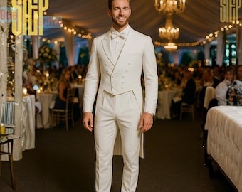 Elegante traje blanco estilo Regencia, esmoquin formal para boda, traje de época de Jane Austen.