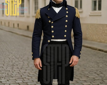 Levita de lana azul marino estilo Regencia para hombre / Chaqueta de oficial naval, traje de recreación histórica