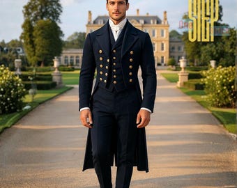 Frac Regency de lana azul marino / Chaqueta victoriana cruzada del siglo XIX / Traje de boda Jane Austen