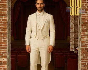 Frac de lana para hombre: Traje de boda blanco clásico de la época de la Regencia - Traje de época del siglo XVIII