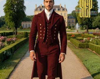 Frac de la Regencia Eduardiana del siglo XVIII / Frac de lana burdeos hecho a mano / Traje formal Jane Austen