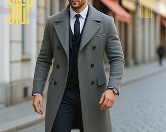 Abrigo clásico de lana gris para hombre – Abrigo cruzado de invierno – Prenda formal de vestir