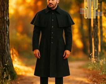 Capa Inverness de lana negra para hombre / Abrigo de montar eduardiano / Prenda de abrigo estilo cochero histórico