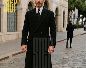 Abrigo largo de lana negra para hombre / Abrigo largo cruzado estilo Regencia
