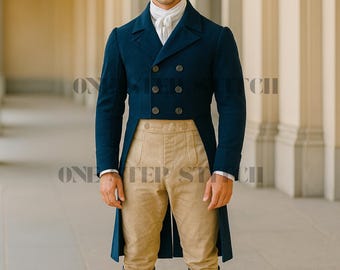 Frac azul marino estilo Regencia / Levita victoriana del siglo XIX / Chaqueta steampunk de caballero histórica