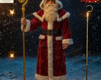 Traje de Papá Noel de lana roja personalizado con ribete de piel.