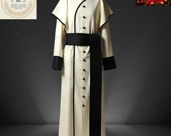 Sotana de clérigo de lana blanca rota hecha a mano con capa - Túnica de obispo católico - Ribete negro - Puño negro - Faja negra