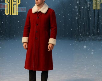 Abrigo de invierno de lana roja para hombre – Abrigo navideño largo con cuello de piel – Estilo vintage