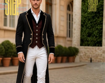 Frac negro Regency para hombre con chaqueta formal con ribete dorado. Traje de caballero aristócrata victoriano vintage.
