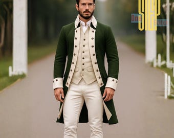 Abrigo colonial verde histórico / Traje de la Guerra de la Independencia de George Washington del siglo XVIII / Traje vintage de la Regencia