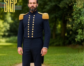 Frac de oficial militar azul marino para hombre – Uniforme con charreteras doradas – Traje de recreación histórica estilo Regencia