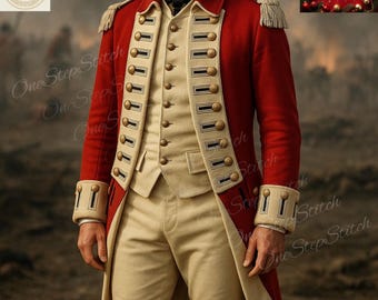 Abrigo de oficial de la Guerra Revolucionaria de lana roja / Traje colonial del siglo XVIII