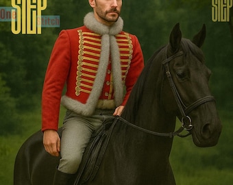 Chaqueta militar de húsar rojo para hombre – Abrigo de uniforme con trenza dorada – Chaqueta napoleónica – Túnica británica