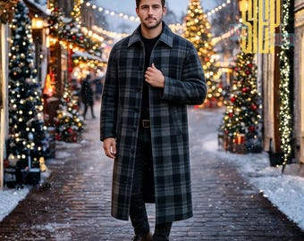 Abrigo de lana a cuadros escoceses grises / Abrigo de invierno a cuadros escoceses / Prendas de abrigo tradicionales de las Tierras Altas