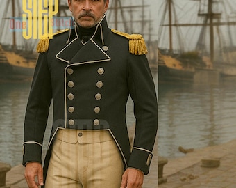 Levita de lana estilo Regencia para hombre / Chaqueta de oficial naval con charreteras doradas