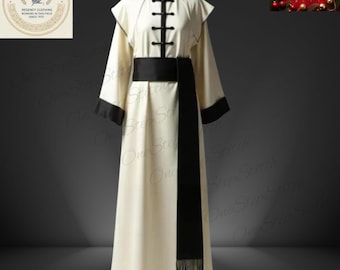 Sotana de clero de lana color blanco roto con capa, hecha a mano - Túnica de obispo católico a medida - Ribete negro - Puño negro - Faja negra