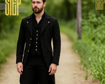 Traje de frac negro estilo Regencia para hombre – Chaqueta victoriana vintage – Traje formal histórico - Conjunto aristocrático