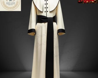 Sotana de clérigo de lana blanca rota hecha a mano con capa - Túnica de obispo católico - Ribete negro - Puño negro - Faja negra - Otros colores disponibles