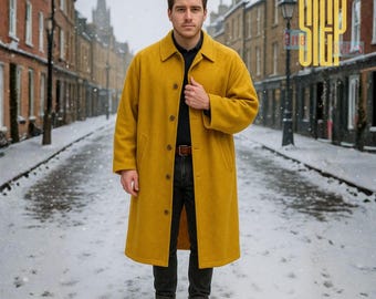 Abrigo de lana amarillo mostaza hecho a mano para hombre / Abrigo de invierno / Capa victoriana clásica - Prendas de abrigo