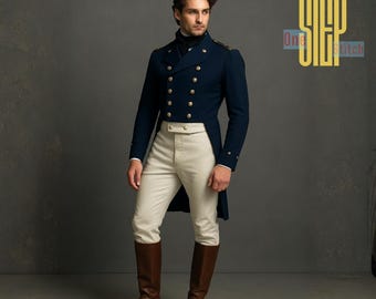 Frac de lana azul marino estilo Regency / Abrigo estilo militar hecho a mano del siglo XIX / Traje formal para caballero