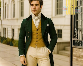 Frac de lana azul con chaleco mostaza, hecho a medida en la época de la Regencia / Chaqueta de lana de la época victoriana