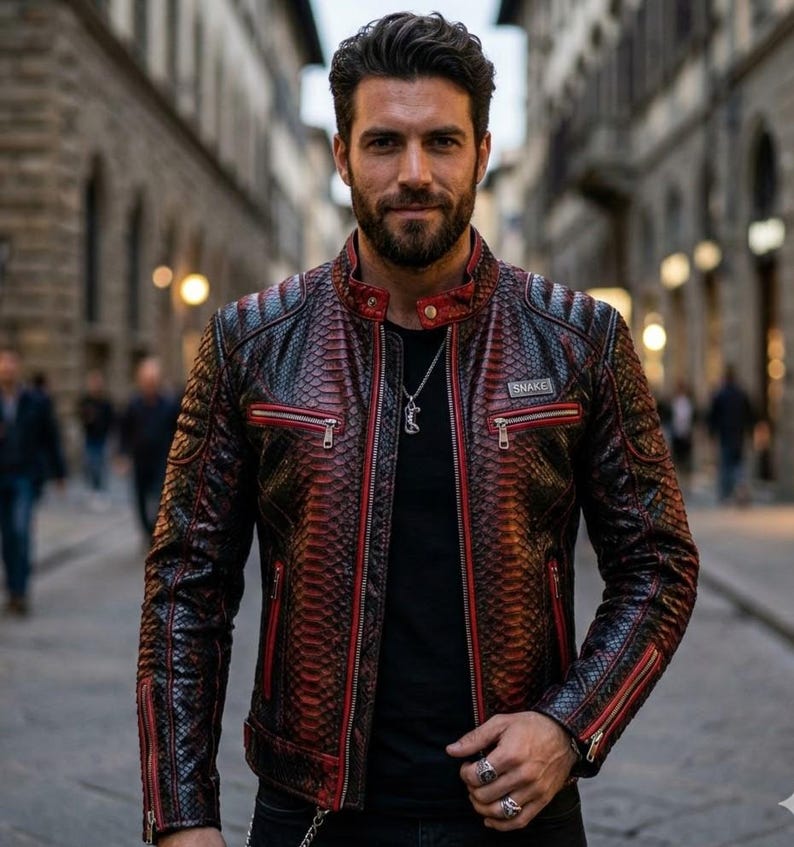 May include: A black and red snakeskin-patterned leather jacket with red zipper trim and the word "SNAKE" on a small patch. The jacket has a quilted design on the shoulders and is worn over a black shirt.