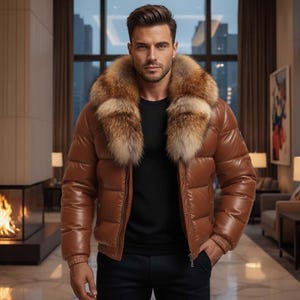 May include: A brown puffer jacket with a fur collar. The jacket has a shiny, leather-like appearance and a zipper closure. The fur collar is a mix of brown and tan colors. The person in the image is wearing a black shirt and black pants.