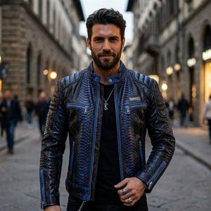 Puede incluir: Chaqueta de cuero azul y negro con estampado de piel de serpiente, ribetes azules y detalles de cremallera. La chaqueta tiene cuello alto y un pequeño parche "SNAKE". Se lleva sobre una camisa negra.