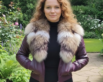 Handmade Lambskin Leather jacket with  Fox Fur Collar , Lederjacken Fur Damen , Foxfell Jacken