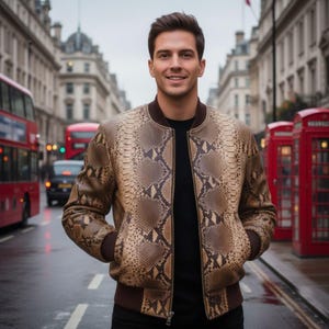 Puede incluir: Chaqueta bomber marrón y beige con estampado de piel de serpiente, con cuello, puños y dobladillo marrones. La chaqueta tiene cierre de cremallera y dos bolsillos delanteros. La persona está de pie en una calle mojada con autobuses de dos pisos rojos y cabinas telefónicas rojas al fondo.